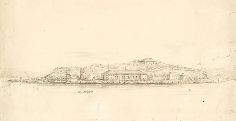 Pale drawing of Cockatoo Island seen low across the water, its buildings along the top of the island, with a small boat in front.