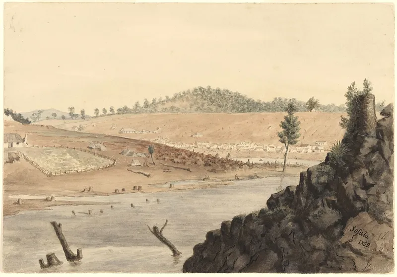Watercolour of the Sofala goldfield: a river in the foreground and dug-over ground with scattered tents below a low hill.