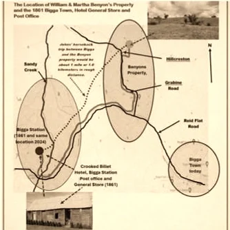 Hand-drawn map over an aerial photograph showing Sandy Creek, Bigga Station, the Crooked Billet Hotel, the Benyons' property, Hillcreston, Grabine Road, Reid Flat Road and Bigga town today, with a dotted line marking a horseback route between Bigga and the Benyon property.
