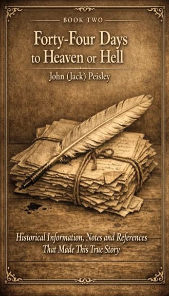 Book Two cover: a quill resting on a bundle of tied letters, under the title Forty-Four Days to Heaven or Hell, John (Jack) Peisley, and the line Historical Information, Notes and References That Made This True Story.