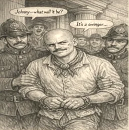 Pencil illustration of a bald, moustached man in a neckerchief, his wrists held, flanked by uniformed police. Speech bubbles read Johnny, what will it be? and It's a swinger.