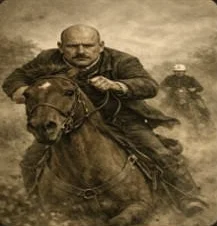 Sepia illustration of a bald, moustached man galloping on horseback through dust, with a second rider behind him.